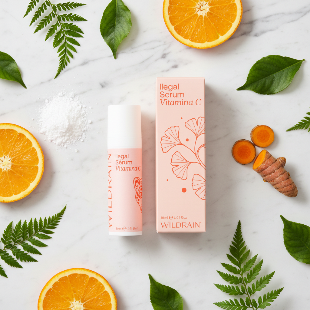 Sérum Vitamina C ILEGAL flat lay con ingredientes naturales sobre mármol