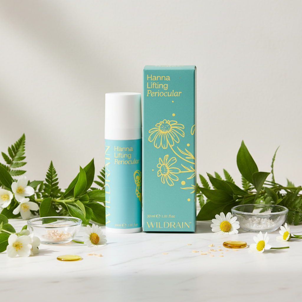 Contorno de Ojos HANNA lifestyle sobre mármol con botánicos y flores blancas