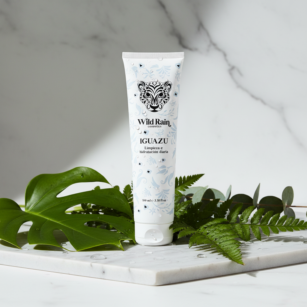 Gel Cream Limpiador IGUAZÚ lifestyle sobre mármol con hojas botánicas y gotas de agua