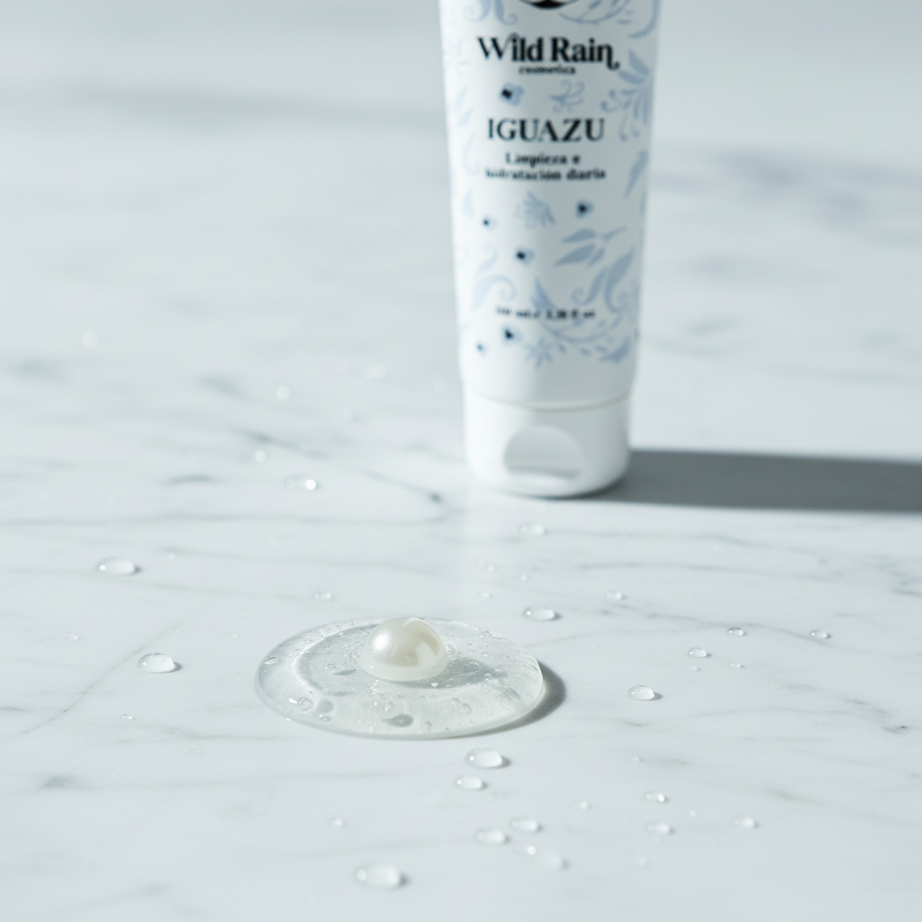 Textura gel fresco Limpiador IGUAZÚ sobre mármol blanco con gotas de agua
