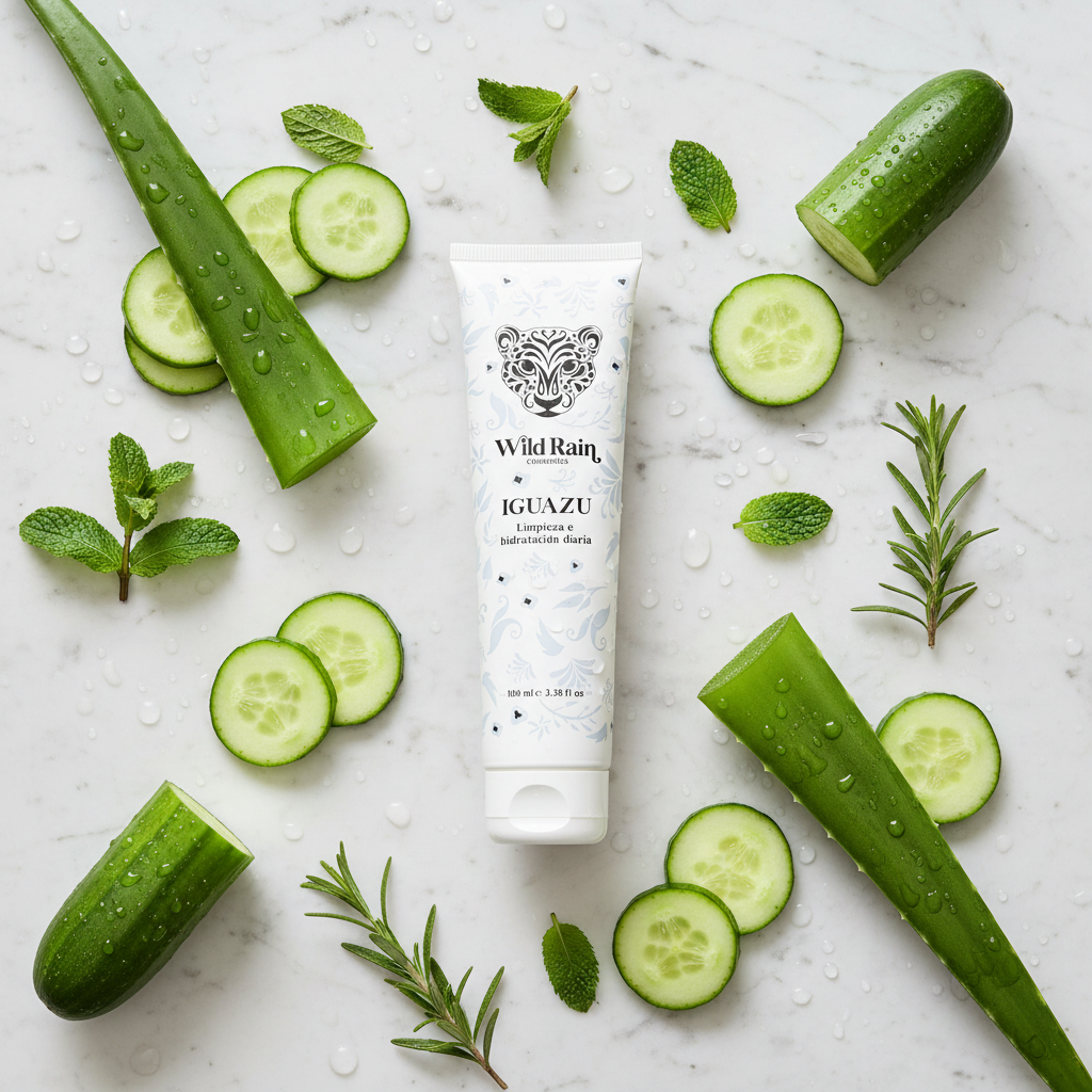 Gel Cream Limpiador IGUAZÚ flat lay con aloe vera, pepino y botánicos sobre mármol