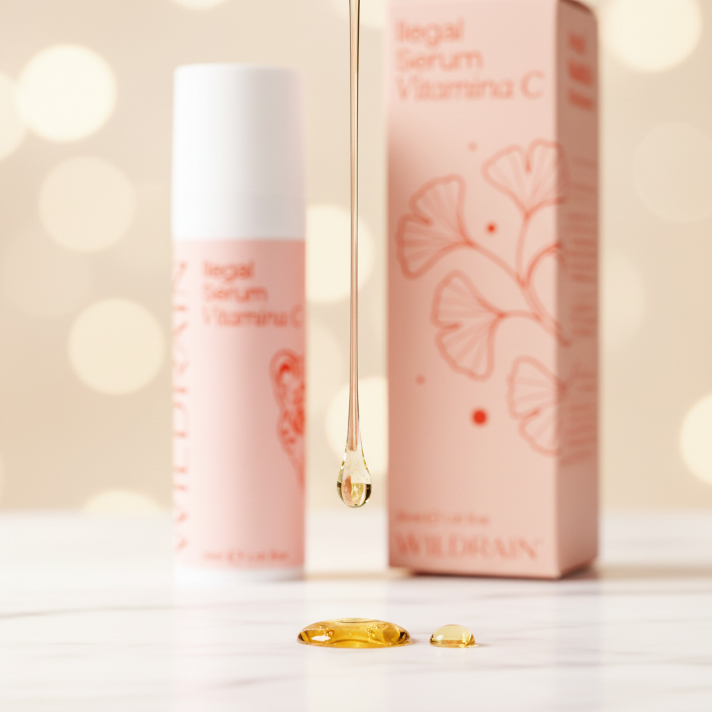 Textura dorada Sérum Vitamina C ILEGAL sobre mármol blanco