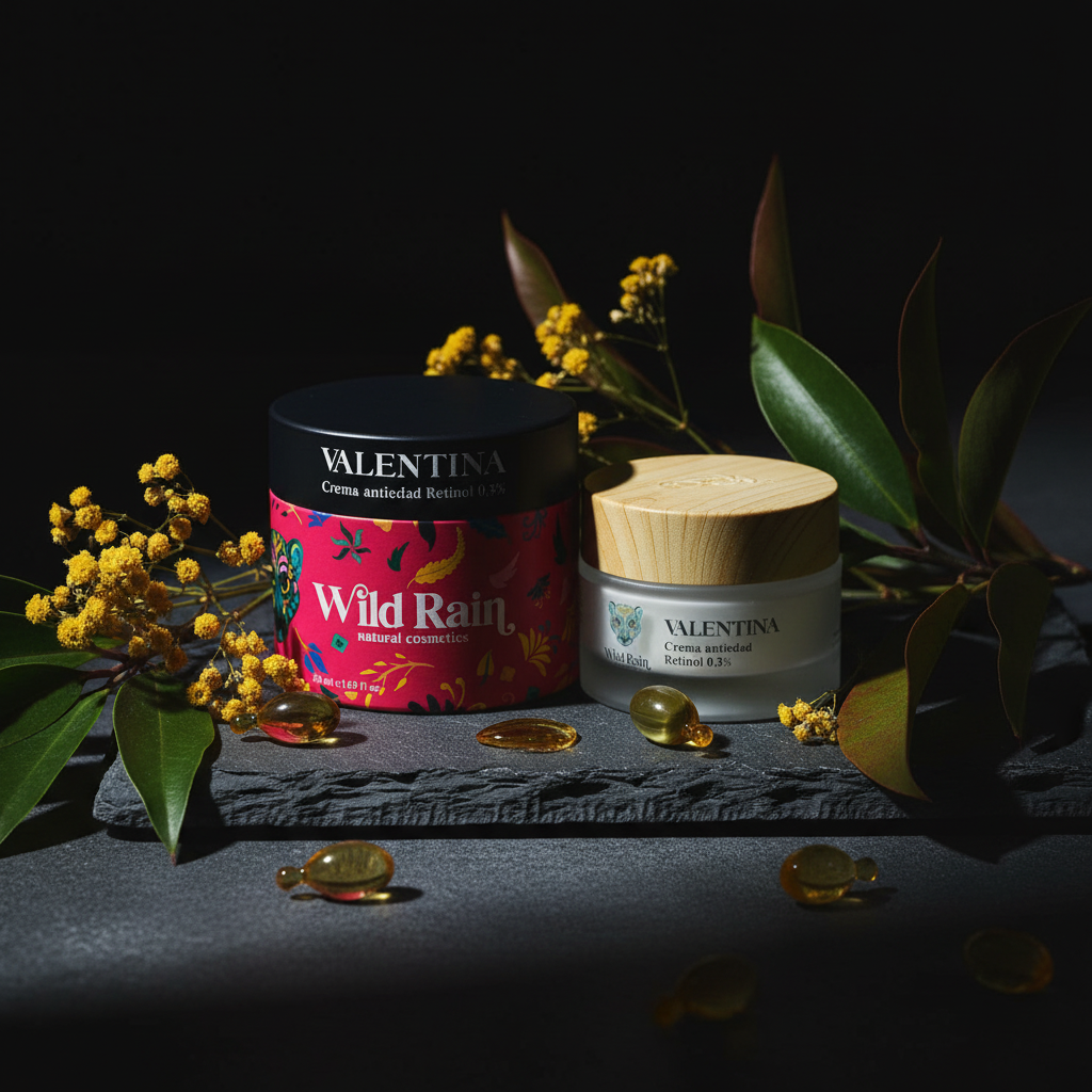 Crema Retinol VALENTINA lifestyle nocturno sobre pizarra oscura con botánicos