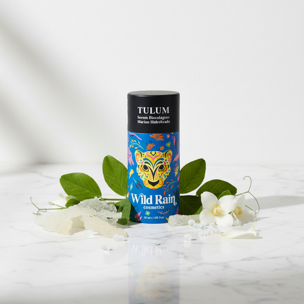 Sérum Antiedad TULUM lifestyle sobre mármol con botánicos y colágeno marino