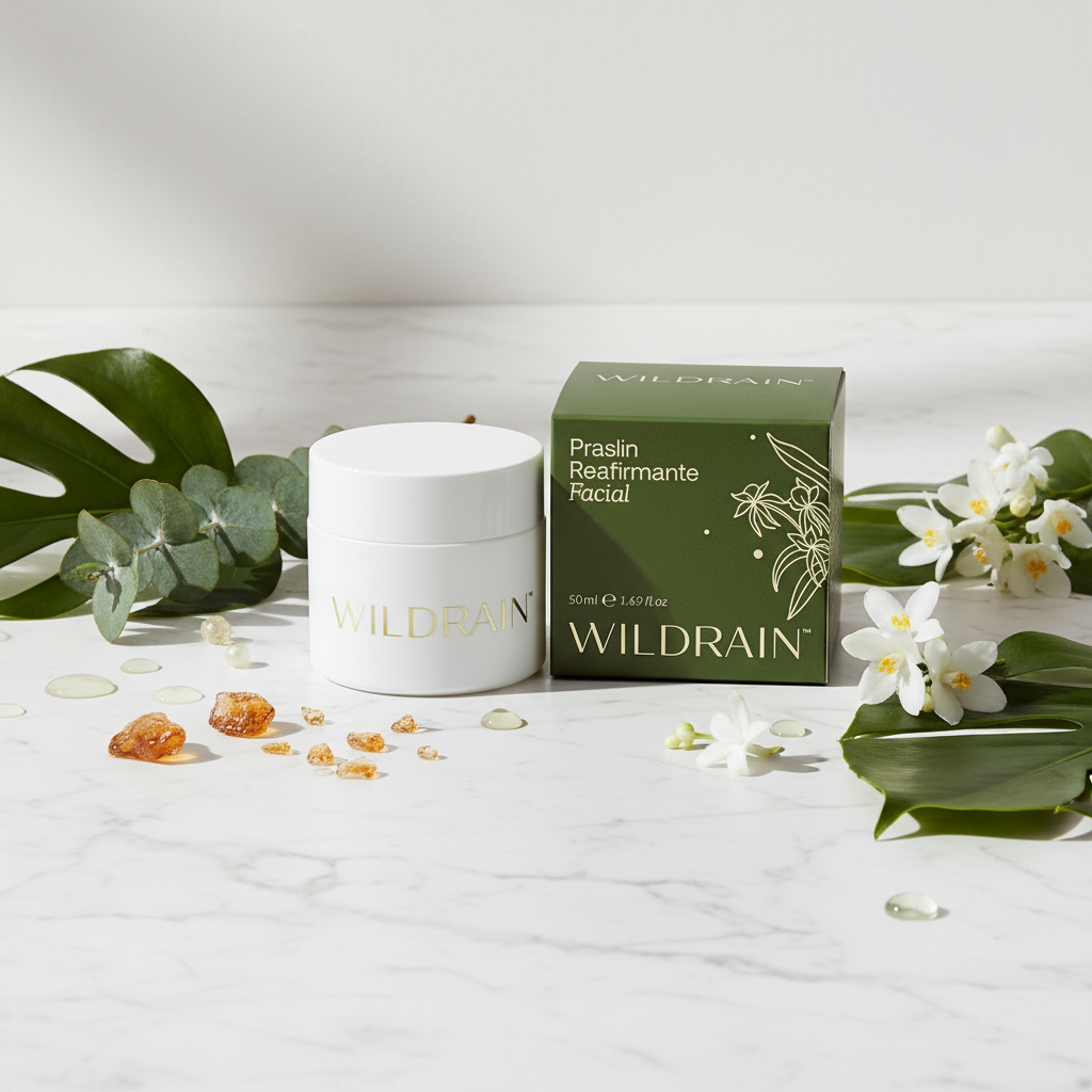 Reafirmante Antiedad PRASLIN lifestyle sobre mármol con botánicos y flores blancas