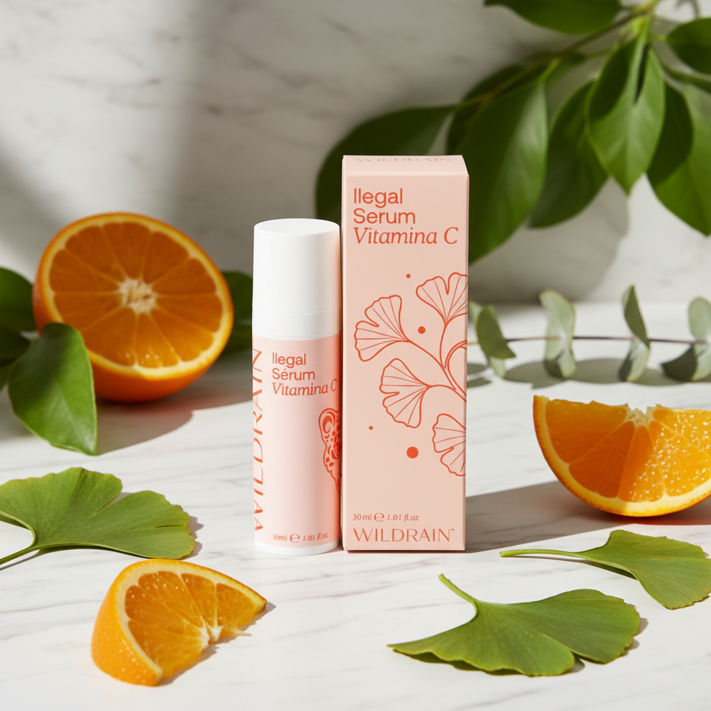 Sérum Vitamina C ILEGAL lifestyle sobre mármol con naranjas y hojas botánicas